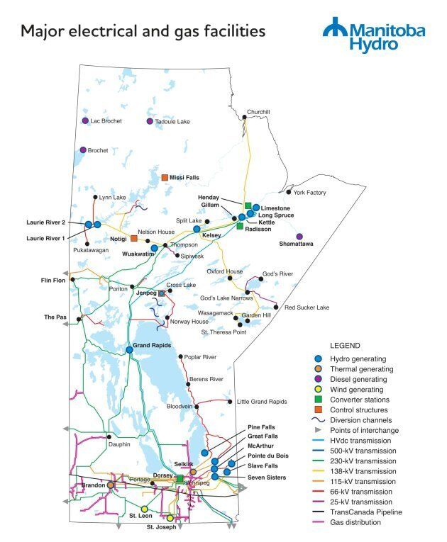This map shows Manitoba Hydro's major operations. The utility says the Jenpeg dam, located where Nelson River flows into Cross Lake, is an indispensable part of its system.