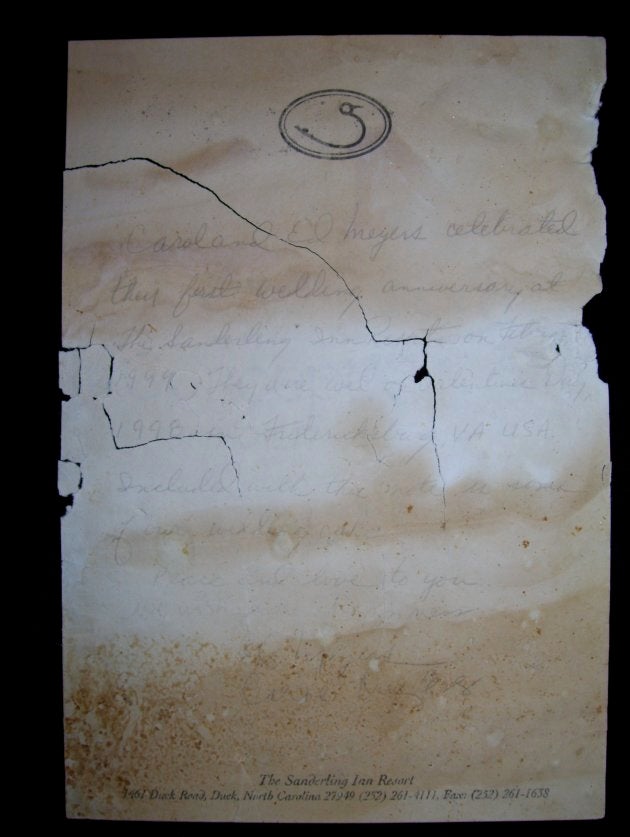 A message that Clint Buffington found in a bottle in 2007. It was sent by Ed and Carol, a couple who were celebrating their first wedding anniversary.