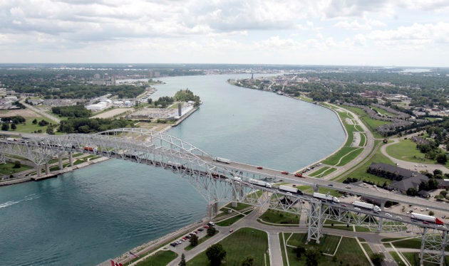 The Blue Water Bridge is seen joining the U.S., left, and Sarnia, Ont., right.