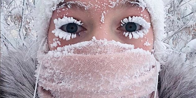 Anastasia Gruzdeva poses for selfie as the Temperature dropped to about -50 degrees (-58 degrees Fahrenheit) in Yakutsk, Russia.