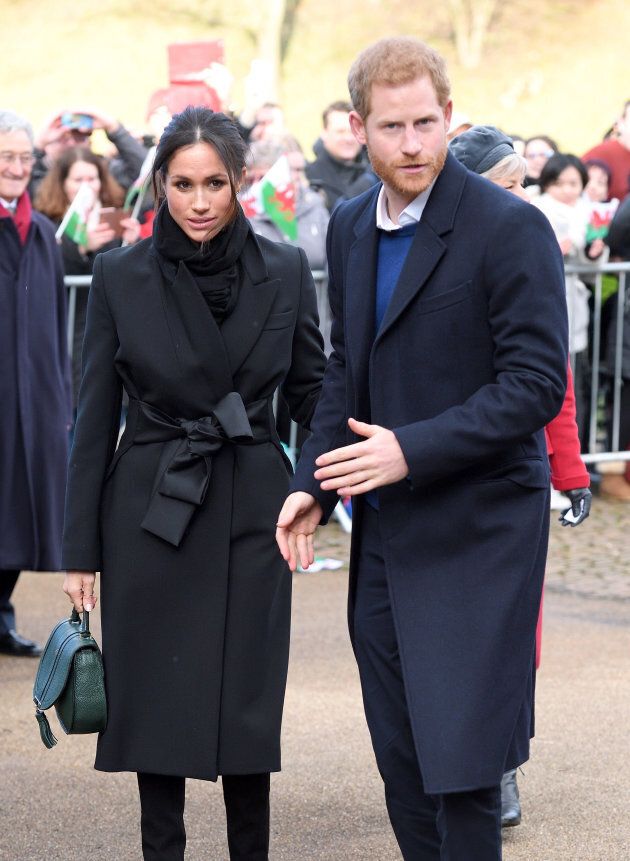 Prince Harry and Meghan Markle during a walkabout at Cardiff Castle on Jan. 18, in Cardiff, Wales.