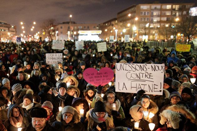 People attend a vigil in support of the Muslim community in Montreal, Quebec, on Jan. 30, 2017.