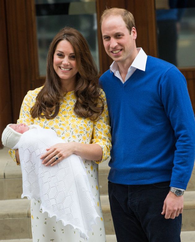The Duke and Duchess of Cambridge depart St. Mary's Hospital with newborn Princess Charlotte on May 2, 2015.
