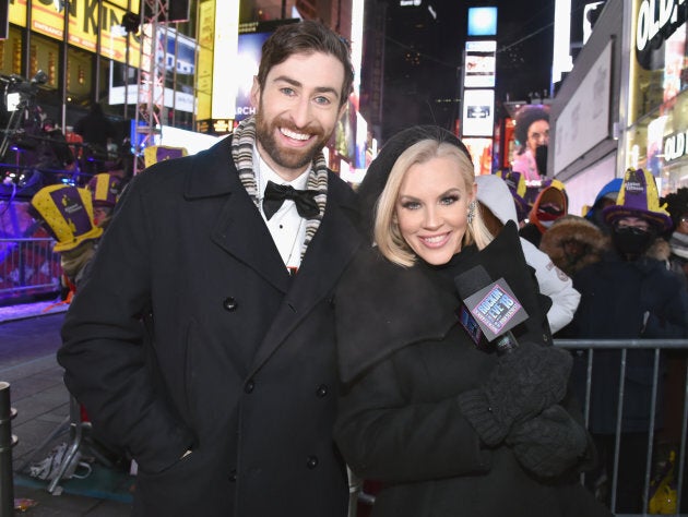 HQ Trivia host Scott Rogowsky and Jenny McCarthy pose at Dick Clark's New Year's Rockin' Eve with Ryan Seacrest 2018 on Dec. 31, 2017 in New York City.