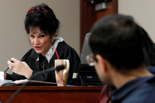 Circuit Court Judge Rosemarie Aquilina addresses Larry Nassar, a former team USA Gymnastics doctor who pleaded guilty in November 2017 to sexual assault charges, during his sentencing hearing in Lansing, Mich. on Jan. 18, 2018.