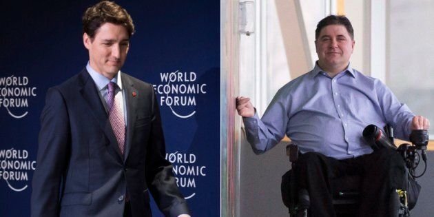 Prime Minister Justin Trudeau on the left in Davos, Switzerland on Jan. 25, 2018. Minister of Sport and Persons with Disabilities Kent Hehr on the right arrives for the cabinet retreat in London, Ont. on Jan. 11, 2018.