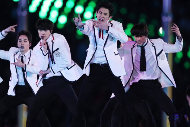 K-pop band EXO performs during the Closing Ceremony of the PyeongChang 2018 Winter Games in Pyeongchang-gun, South Korea on Sunday.