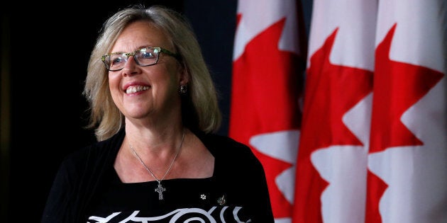 Green Party leader Elizabeth May arrives at a news conference in Ottawa on Aug. 22, 2016.