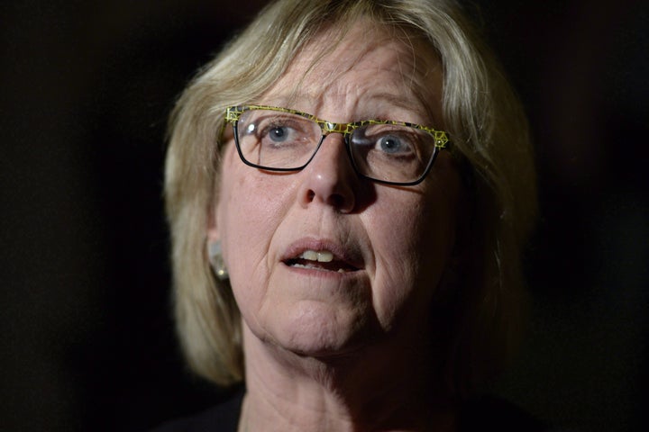 Green Party leader Elizabeth May speaks with reporters before question period in the House of Commons in Ottawa on May 10, 2017.