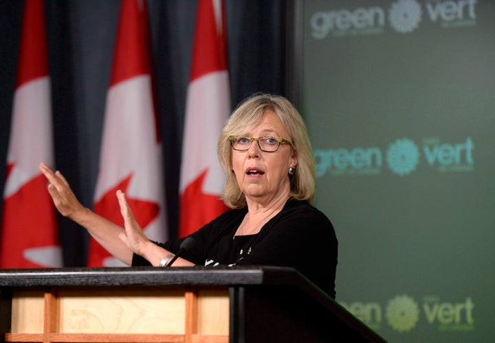 Green Party Leader Elizabeth May makes an announcement at the National Press Theatre, in Ottawa on Aug. 22, 2016.