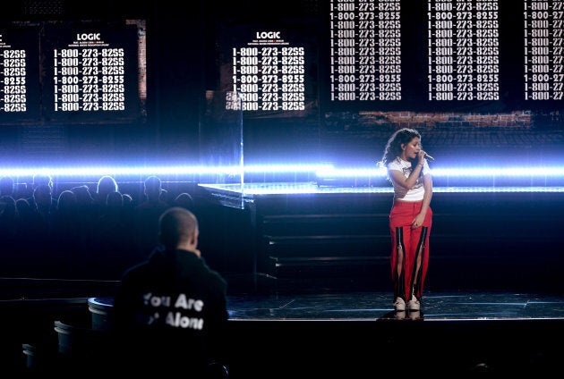 Logic (L) and Alessia Cara perform at the Grammy Awards.