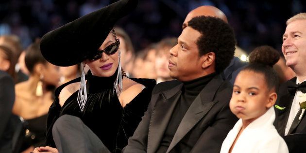Beyonce, Jay-Z and Blue Ivy Carter attend the 60th Annual Grammy Awards at Madison Square Garden on Jan. 28, 2018 in New York City.