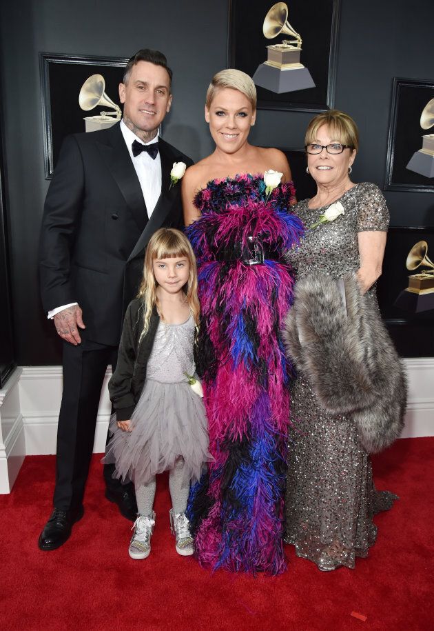 Carey Hart, Willow Sage Hart, Pink, and Judith Moore attend the 60th Annual Grammy Awards.