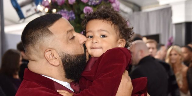 DJ Khaled and son Asahd Tuck Khaled attend the 60th Annual Grammy Awards on Jan. 28.