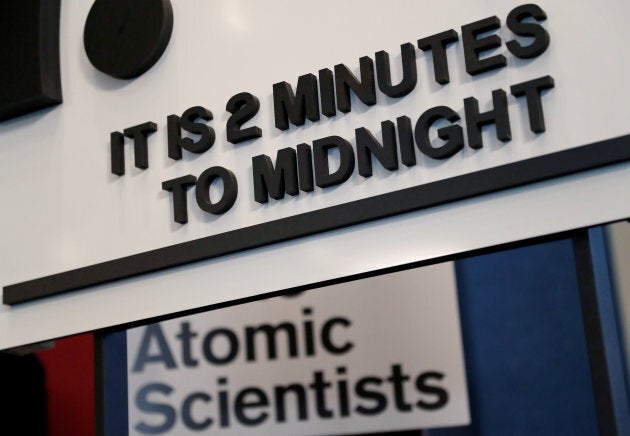 The updated time designation on the "Doomsday Clock" in Washington on Jan. 25, 2018.