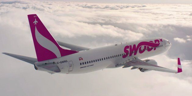 A Swoop airplane is seen in this undated handout photo. WestJet Airlines Ltd. says Swoop, its new ultra-low-cost carrier, will launch on June 20. The airline will begin with six weekly flights between Abbotsford, B.C., and Hamilton and six weekly flights between Hamilton and Halifax.