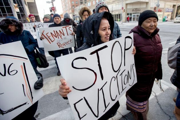 Tenants in the Toronto neighbourhood of Parkdale protest rent hikes and evictions amid the city's rapidly rising housing costs on March 16, 2017.