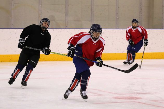North and South Korean joint women's ice hockey players prepare for Pyeongchang 2018 on Jan. 26, 2018 in Jincheon-gun, South Korea.