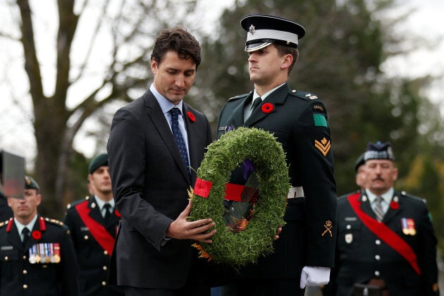 Prime Minister Justin Trudeau lays a wreath during an event to mark Veterans' Week on Nov. 3, 2017.