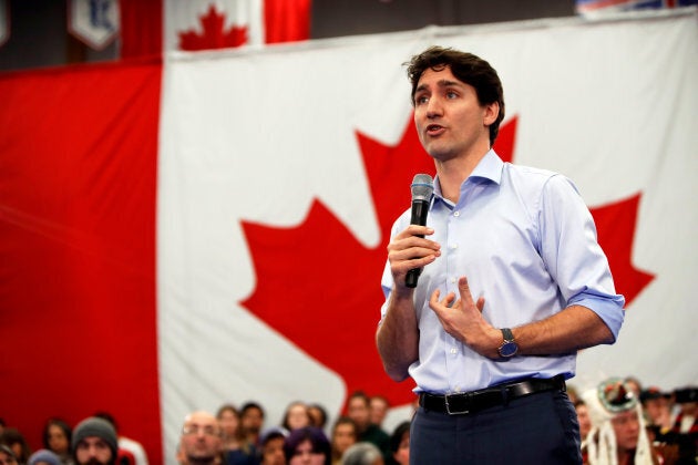 Canada's Prime Minister Justin Trudeau addresses the crowd during a town hall meeting at Vancouver Island University in Nanaimo, B.C. on Feb. 2, 2018.