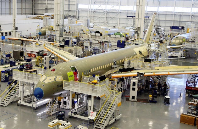 Bombardier's C Series aircraft are assembled in their plant in Mirabel, Quebec, on April 29, 2016.