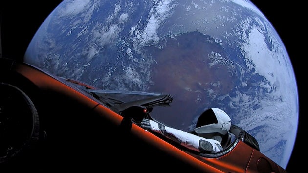 A Tesla roadster launched from the Falcon Heavy rocket with a dummy driver named Starman.