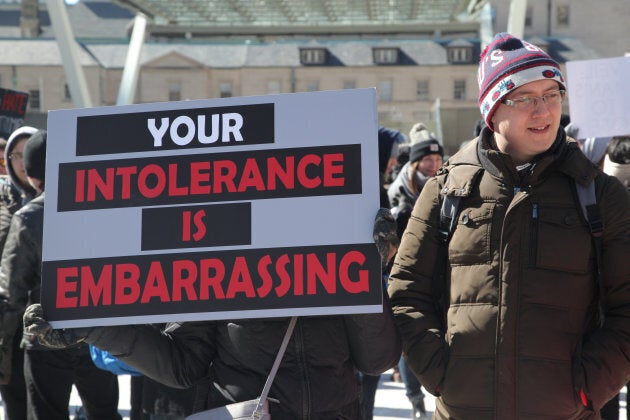 Demonstrators hold a counter-protest against anti-Muslim groups over the M-103 motion to fight Islamophobia in Toronto on Mar. 4, 2017.