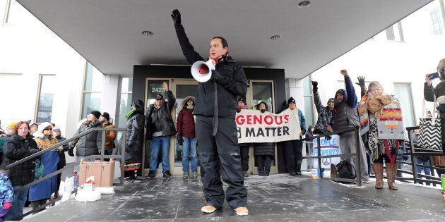 Chief Cadmus Delorme of Cowessess First Nation speaks during a rally in Regina following the not guilty verdict in the Gerald Stanley trial on Saturday.