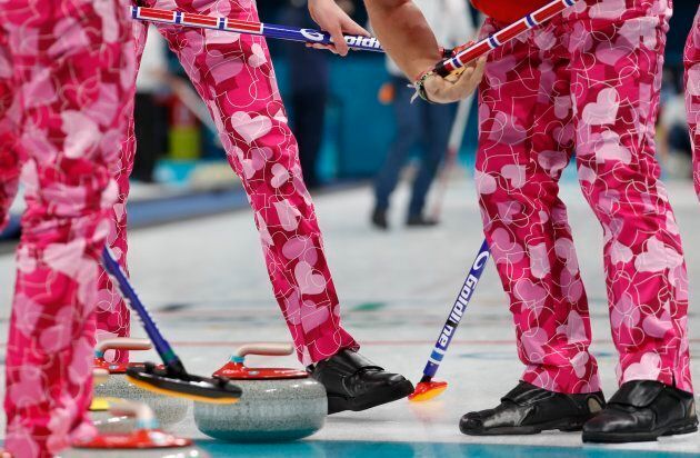 Members of Norway's men's curling team wore heart-themed pants for Valentine's Day.