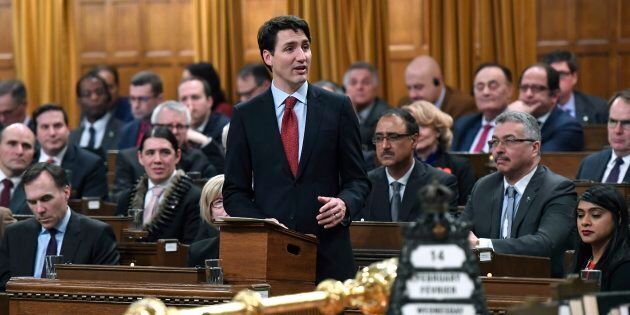 Prime Minister Justin Trudeau delivers a speech in in the House of Commons on Feb. 14, 2018.
