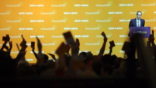 NDP delegates vote on resolutions in Ottawa on Feb. 16, 2018.