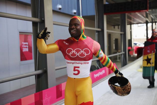 Akwasi Frimpong of Ghana celebrates his run in men's skeleton at PyeongChang