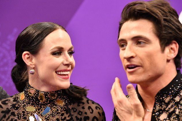 Tessa Virtue and Canada's Scott Moir after competing in the ice dance short short event at the 2018 Olympics.