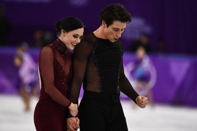 Tessa Virtue and Canada's Scott Moir after competing in the ice dance free dance during the 2018 Winter Olympic Games on Feb. 20.