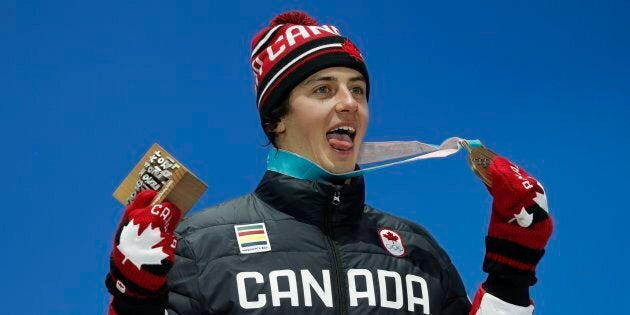 Bronze medallist Mark McMorris of Canada on the men's slopestyle podium at the Pyeongchang 2018 Winter Olympics, on Feb. 11, 2018 .