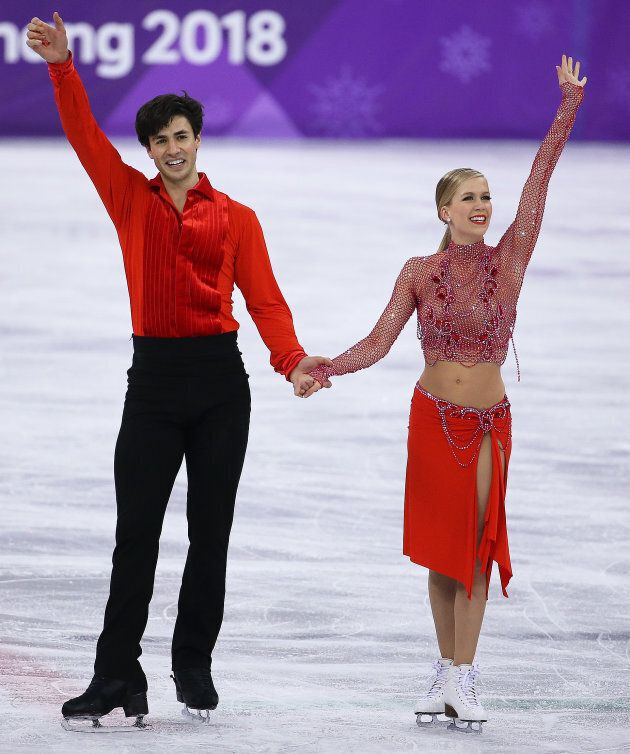Kaitlyn Weaver and Andrew Poje during the Figure Skating Ice Dance Short Dance program.