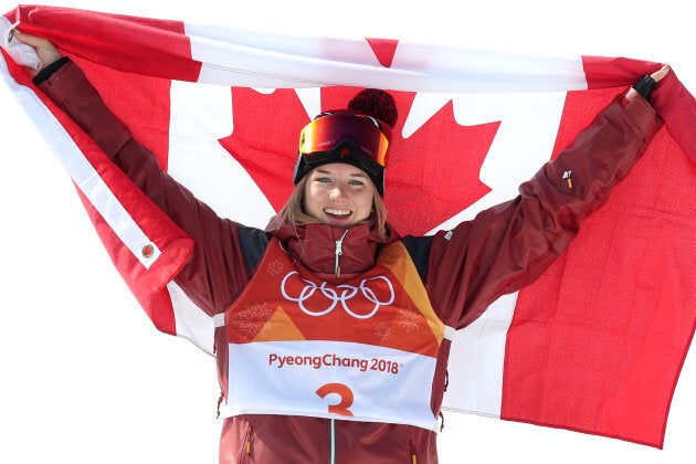 Gold medalist Cassie Sharpe of Canada celebrates after her win during the Freestyle Skiing - Ladies' Ski Halfpipe Final at the 2018 Olympics.