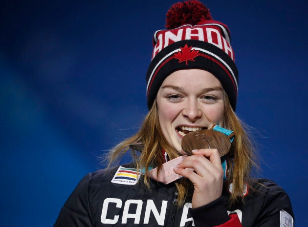 Bronze medallist Kim Boutin on the podium on Feb. 18.