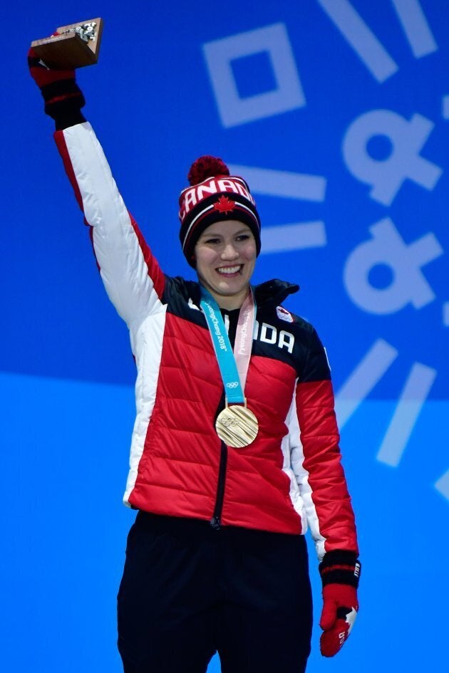 Alex Gough during the medal ceremony for the women's luge singles at the 2018 Olympics.