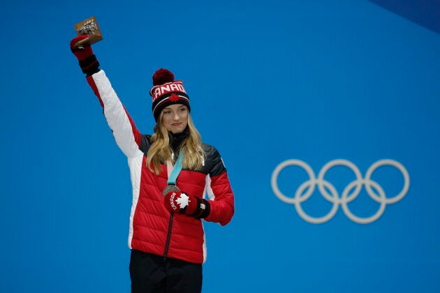 Silver medalist Justine Dufour-Lapointe on the podium Feb. 12.