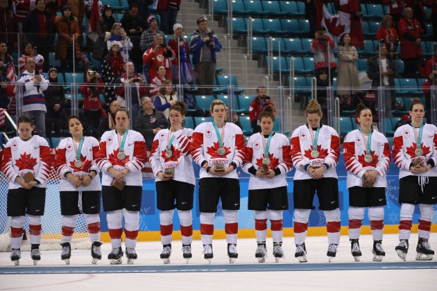 The Canadian's women's hockey team after losing to the United States in the Women's Gold Medal Game at the 2018 Olympics.