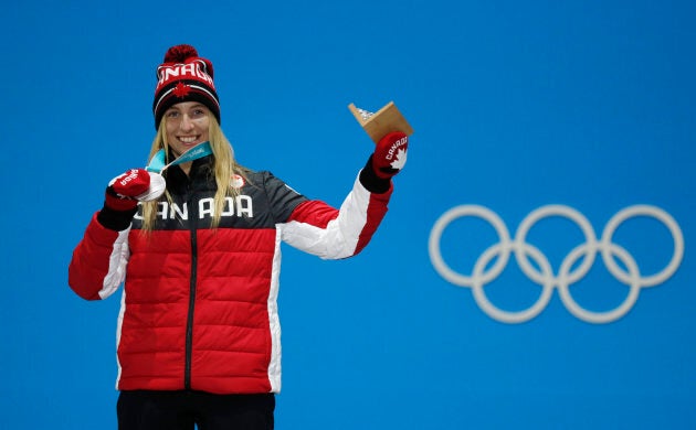 Silver medallist Laurie Blouin on the podium on Feb. 12.