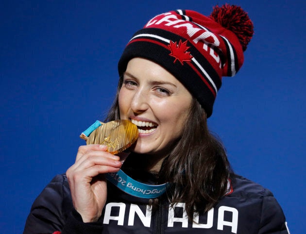 Gold medalist Kelsey Serwa of Canada on the podium.