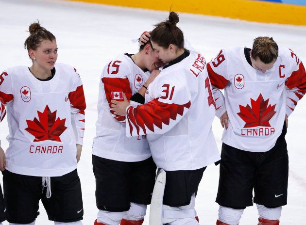 Team Canada players react after losing the women's hockey gold medal game against the U.S. at the Winter Olympics in South Korea on Feb. 22, 2018.