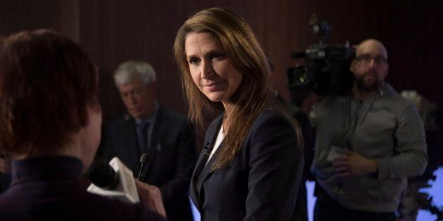 Caroline Mulroney scrums with journalists in the TVO studios in Toronto on Feb. 15, 2018, following a televised debate with fellow candidates Christine Elliott, Tanya Granic Allen and Doug Ford.