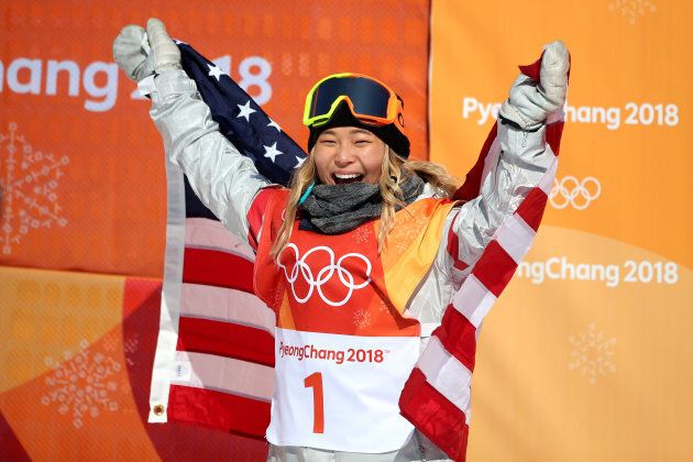 Chloe Kim celebrates her gold medal win in the women's snowboard halfpipe.