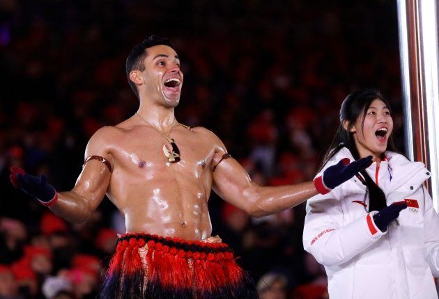 Tonga's Pita Taufatofua reacts during the closing ceremony of the 2018 Winter Olympics in Pyeongchang, South Korea on Feb. 25, 2018.
