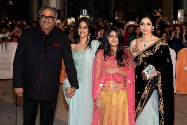 Actress Sridevi Kapoor arrives with her husband Boney Kapoor and daughters Jhanavi and Khushi for a gala presentation of "English Vinglish" at the 37th Toronto International Film Festival on Sept. 14, 2012.