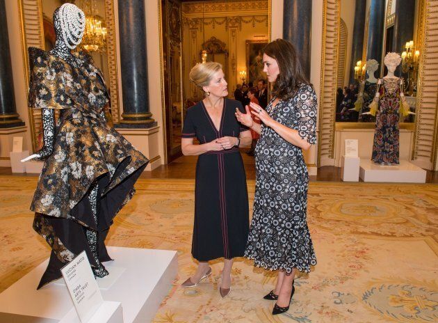 The duchess and Sophie, Countess of Wessex at the Commonwealth Fashion Exchange initiative on Feb. 19, 2018.