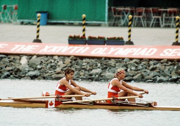 Canada's Kay Worthington, left, and Silken Laumann compete in the rowing event at the 1988 Olympic Games in Seoul.